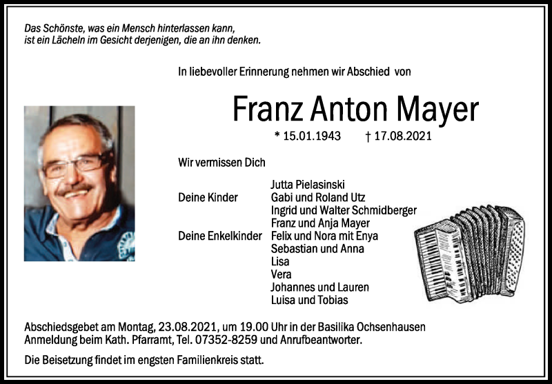  Traueranzeige für Franz Anton Mayer vom 21.08.2021 aus Schwäbische Zeitung