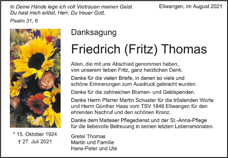  Traueranzeige für Friedrich Thomas vom 20.08.2021 aus Schwäbische Zeitung