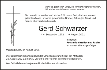 Anzeige von Gerd Schwarzer von Schwäbische Zeitung