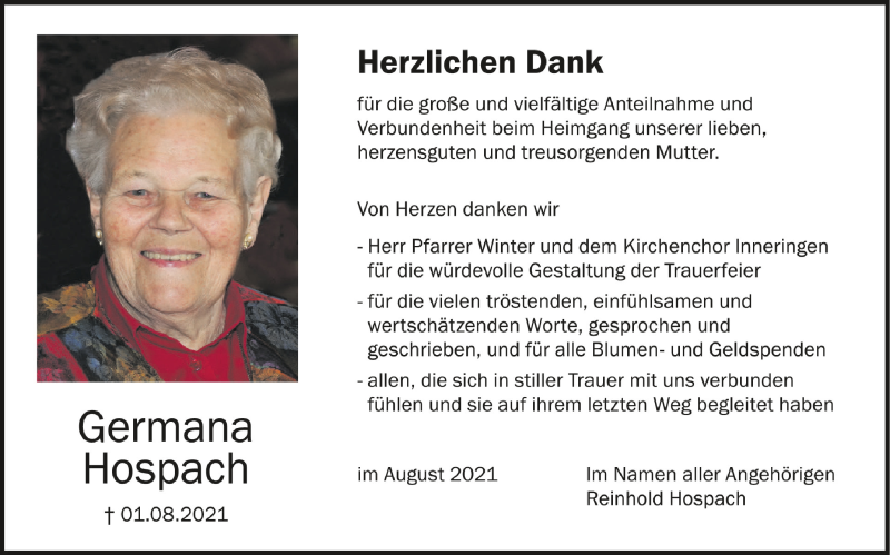  Traueranzeige für Germana Hospach vom 31.08.2021 aus Schwäbische Zeitung