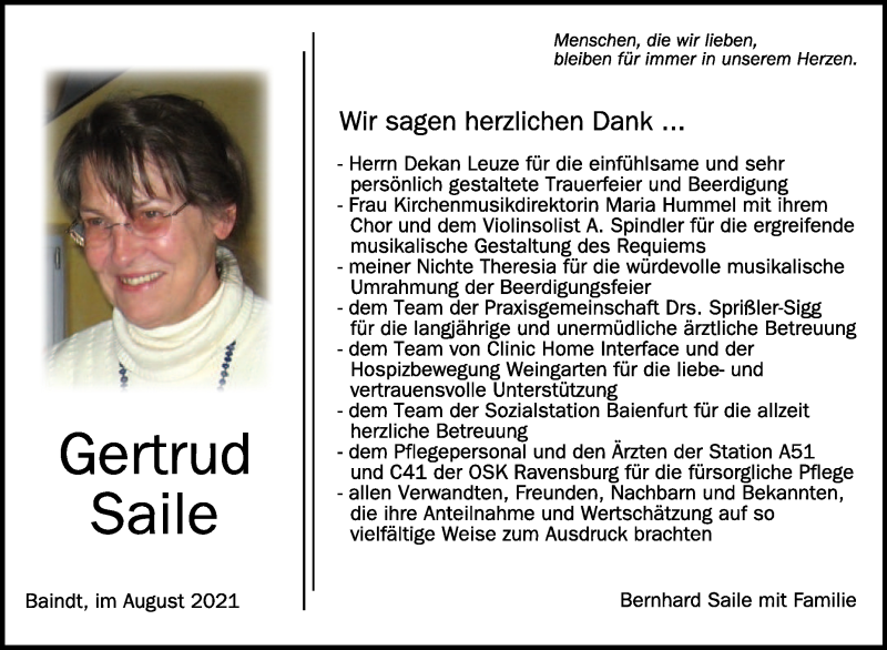  Traueranzeige für Gertrud Saile vom 14.08.2021 aus Schwäbische Zeitung