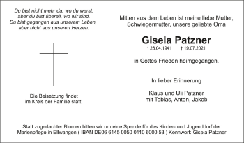 Anzeige von Gisela Patzner von Schwäbische Zeitung