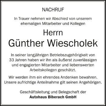 Anzeige von Günther Wiescholek von Schwäbische Zeitung