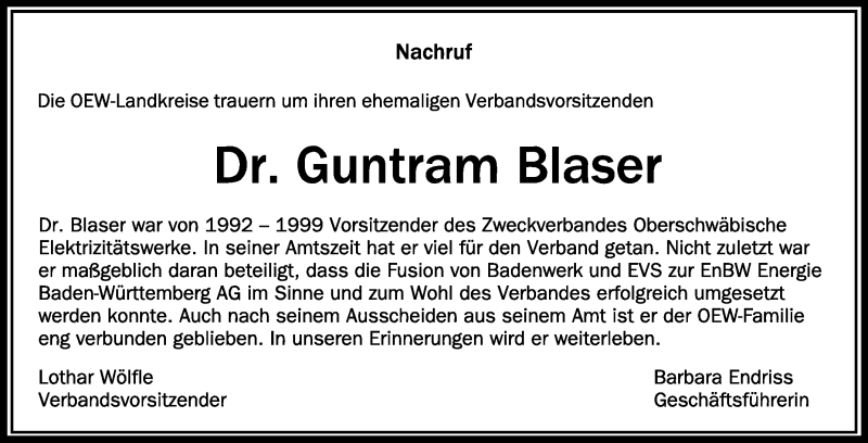  Traueranzeige für Guntram Blaser vom 02.08.2021 aus Schwäbische Zeitung
