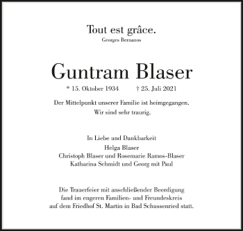 Anzeige von Guntram Blaser von Schwäbische Zeitung