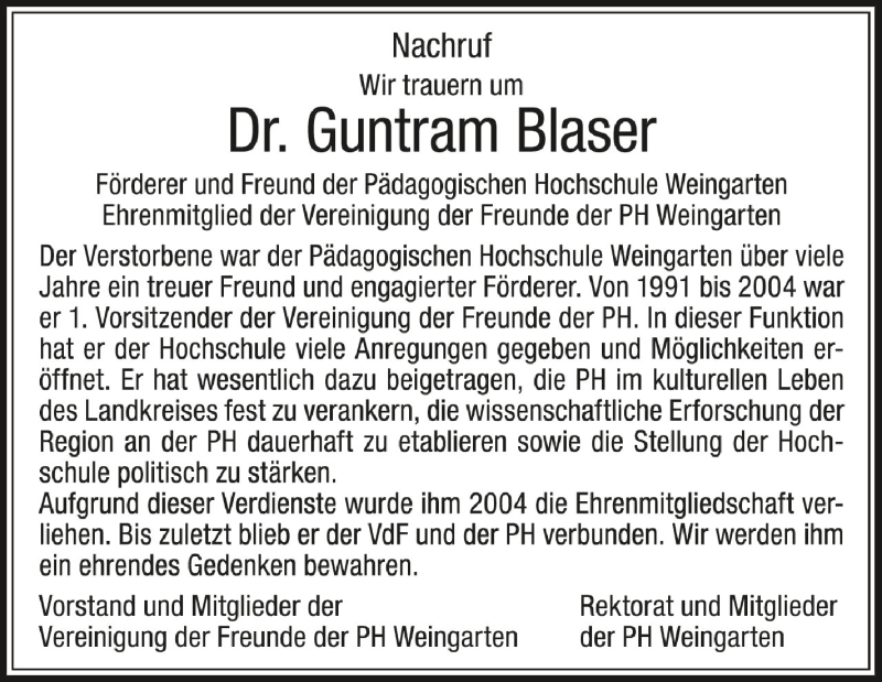  Traueranzeige für Guntram Blaser vom 06.08.2021 aus Schwäbische Zeitung