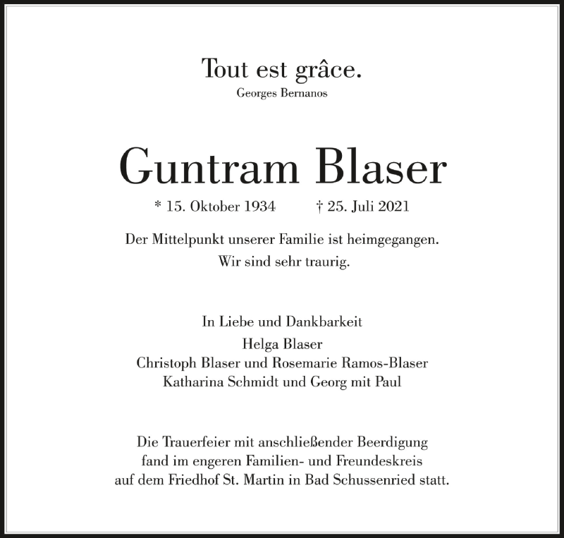 Traueranzeige für Guntram Blaser vom 31.07.2021 aus Schwäbische Zeitung