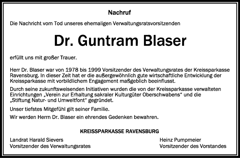  Traueranzeige für Guntram Blaser vom 03.08.2021 aus Schwäbische Zeitung