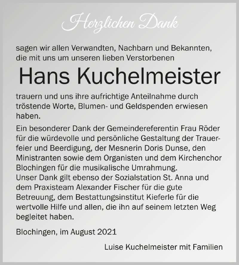  Traueranzeige für Hans Kuchelmeister vom 13.08.2021 aus Schwäbische Zeitung