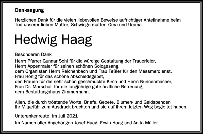  Traueranzeige für Hedwig Haag vom 31.07.2021 aus Schwäbische Zeitung