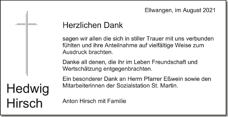  Traueranzeige für Hedwig Hirsch vom 21.08.2021 aus Schwäbische Zeitung