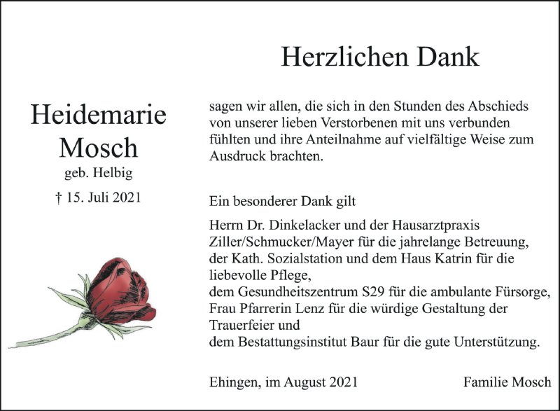  Traueranzeige für Heidemarie Mosch vom 13.08.2021 aus Schwäbische Zeitung