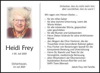 Anzeige von Heidi Frey von Schwäbische Zeitung