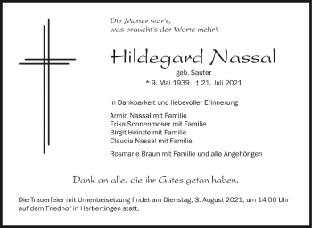 Anzeige von Hildegard Nassal von Schwäbische Zeitung