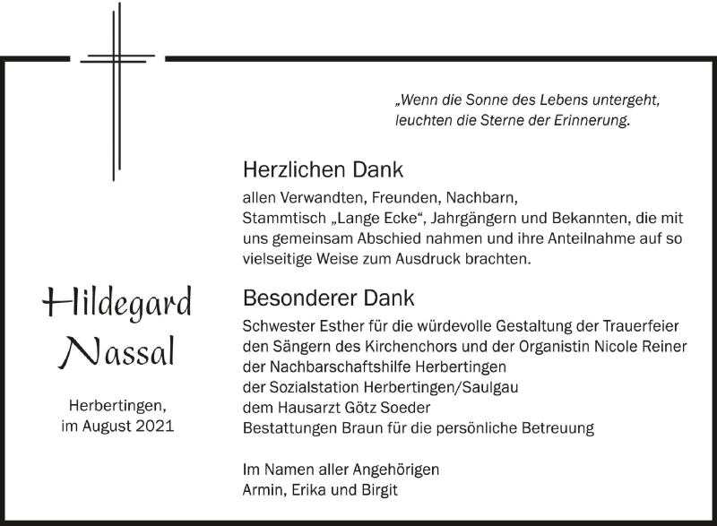 Traueranzeige für Hildegard Nassal vom 14.08.2021 aus Schwäbische Zeitung