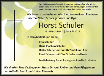 Anzeige von Horst Schuler von Schwäbische Zeitung