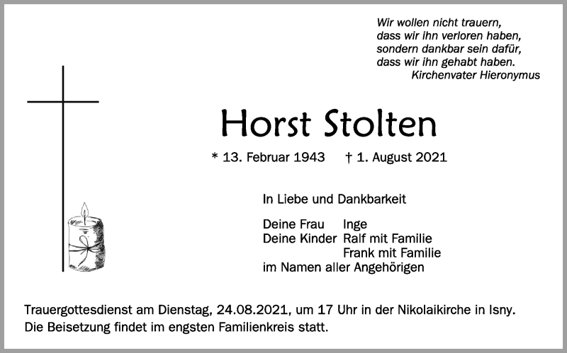  Traueranzeige für Horst Stolten vom 21.08.2021 aus Schwäbische Zeitung