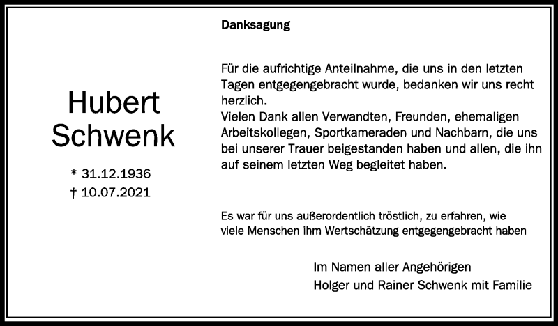  Traueranzeige für Hubert Schwenk vom 07.08.2021 aus Schwäbische Zeitung