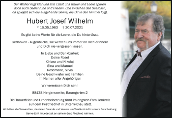 Anzeige von Hubert Josef Wilhelm von Schwäbische Zeitung