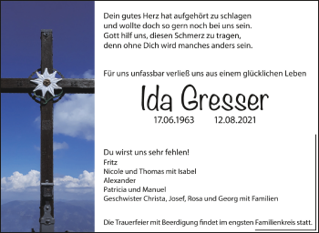 Anzeige von Ida Gresser von Schwäbische Zeitung