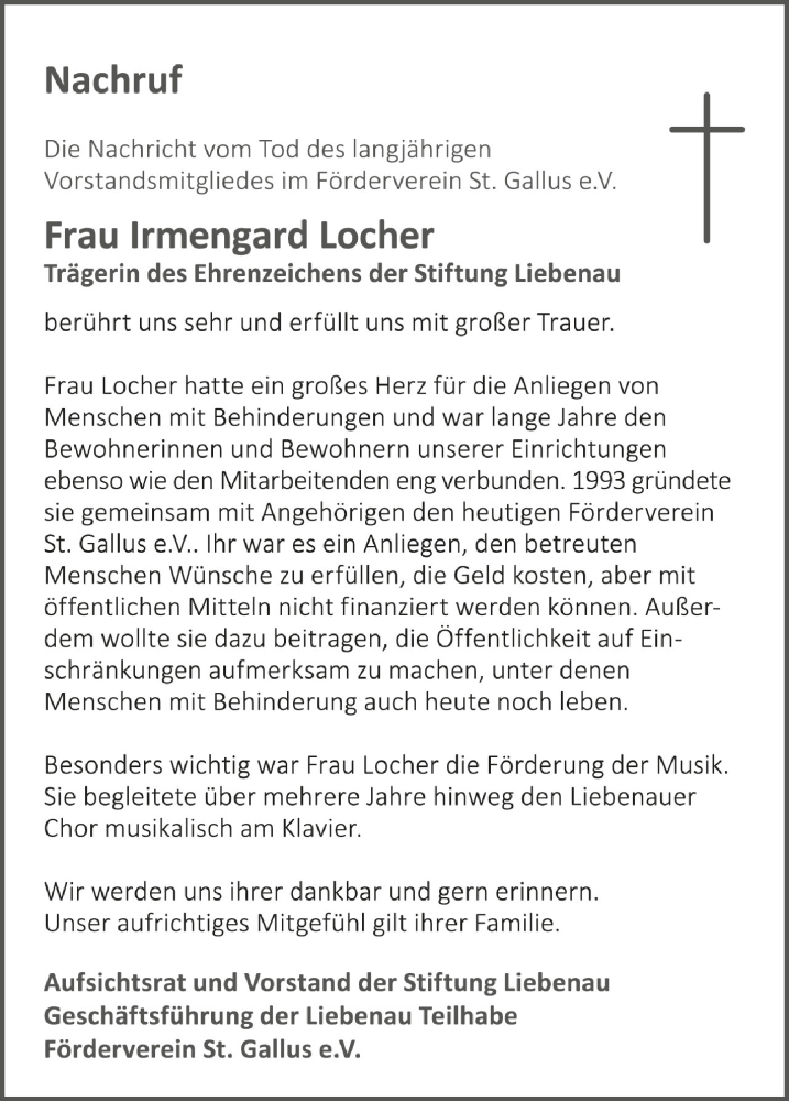  Traueranzeige für Irmengard Locher vom 03.08.2021 aus Schwäbische Zeitung