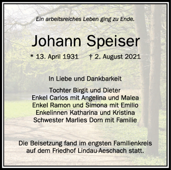 Anzeige von Johann Speiser von Schwäbische Zeitung