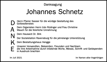 Anzeige von Johannes Schnetz von Schwäbische Zeitung