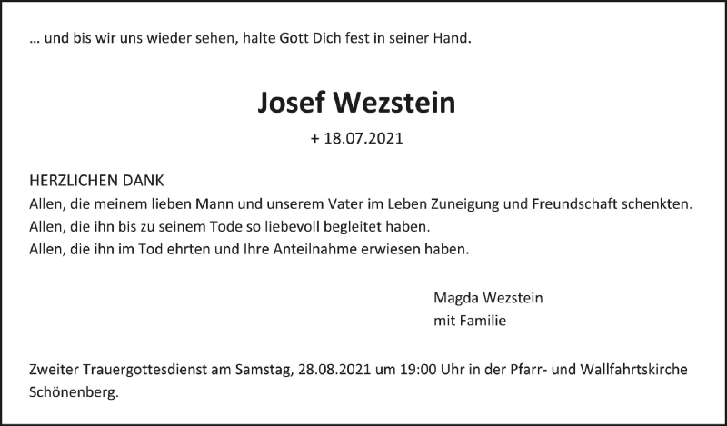  Traueranzeige für Josef Wezstein vom 23.08.2021 aus Schwäbische Zeitung