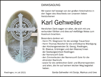 Anzeige von Karl Gehweiler von Schwäbische Zeitung
