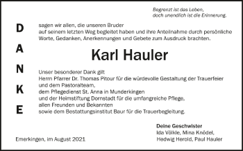 Anzeige von Karl Hauler von Schwäbische Zeitung
