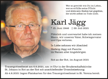 Anzeige von Karl Jägg von Schwäbische Zeitung