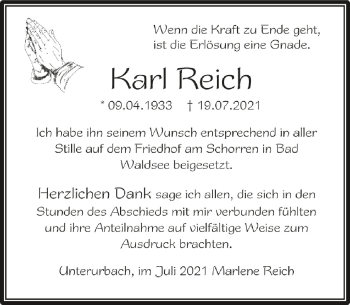 Anzeige von Karl Reich von Schwäbische Zeitung
