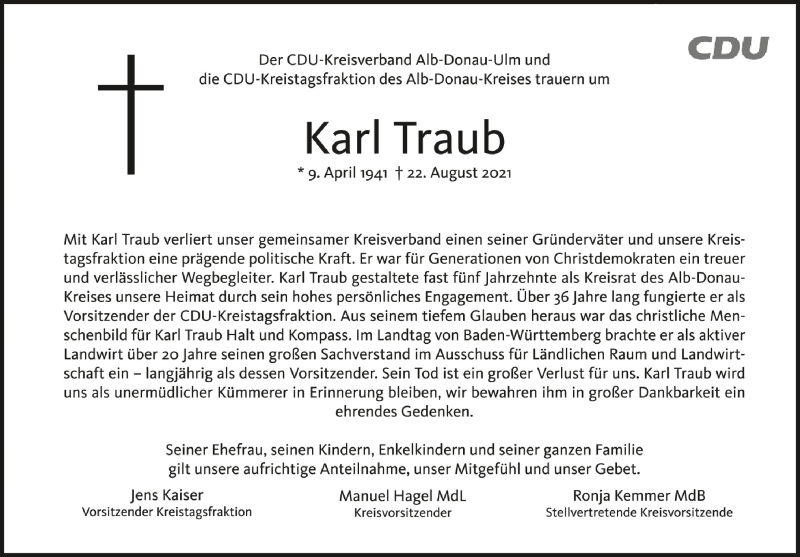  Traueranzeige für Karl Traub vom 28.08.2021 aus Schwäbische Zeitung