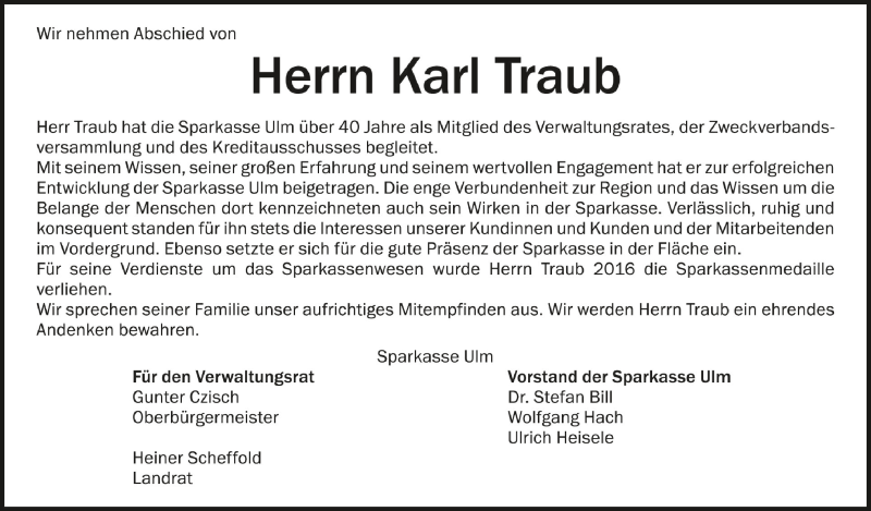  Traueranzeige für Karl Traub vom 28.08.2021 aus Schwäbische Zeitung