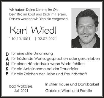 Anzeige von Karl Wiedl von Schwäbische Zeitung