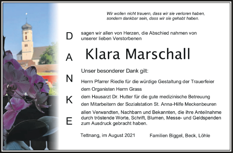  Traueranzeige für Klara Marschall vom 14.08.2021 aus Schwäbische Zeitung