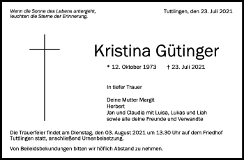 Anzeige von Kristina Gütinger von Schwäbische Zeitung