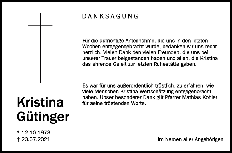  Traueranzeige für Kristina Gütinger vom 14.08.2021 aus Schwäbische Zeitung