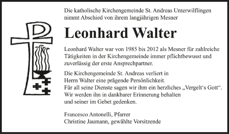  Traueranzeige für Leonhard Walter vom 03.08.2021 aus Schwäbische Zeitung