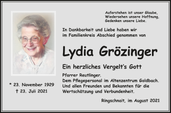 Anzeige von Lydia Grözinger von Schwäbische Zeitung