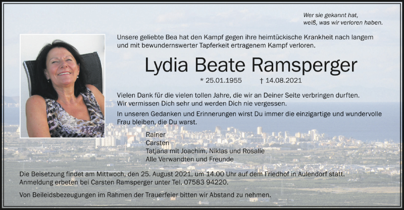  Traueranzeige für Lydia Beate Ramsperger vom 18.08.2021 aus Schwäbische Zeitung