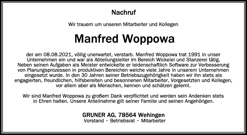  Traueranzeige für Manfred Woppowa vom 17.08.2021 aus Schwäbische Zeitung