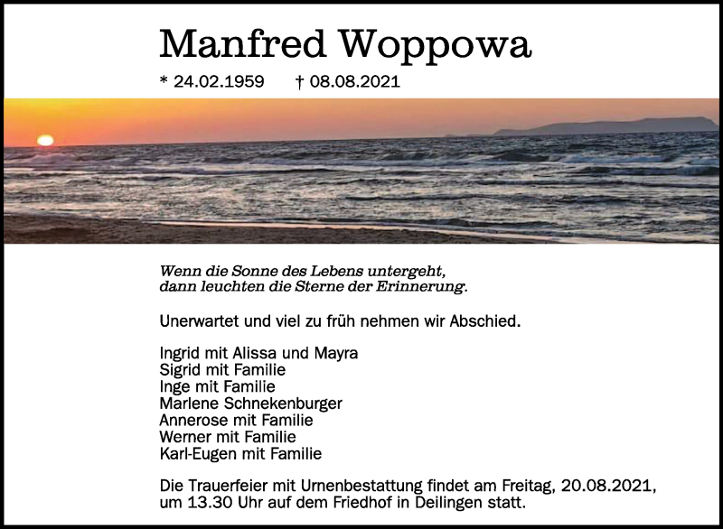  Traueranzeige für Manfred Woppowa vom 14.08.2021 aus Schwäbische Zeitung