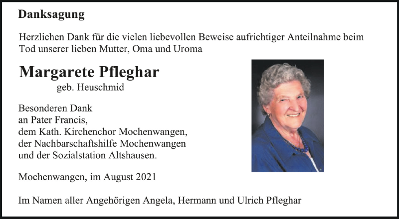  Traueranzeige für Margarete Pfleghar vom 28.08.2021 aus Schwäbische Zeitung