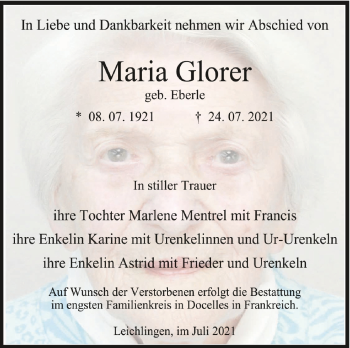 Anzeige von Maria Glorer von Schwäbische Zeitung