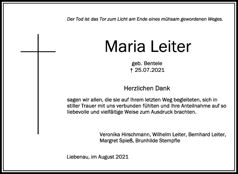  Traueranzeige für Maria Leiter vom 14.08.2021 aus Schwäbische Zeitung