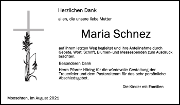 Anzeige von Maria Schnez von Schwäbische Zeitung