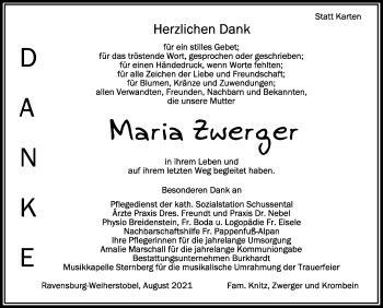 Anzeige von Maria Zwerger von Schwäbische Zeitung