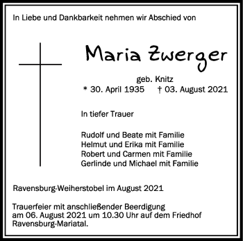 Anzeige von Maria Zwerger von Schwäbische Zeitung