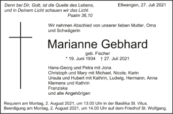 Anzeige von Marianne Gebhard von Schwäbische Zeitung